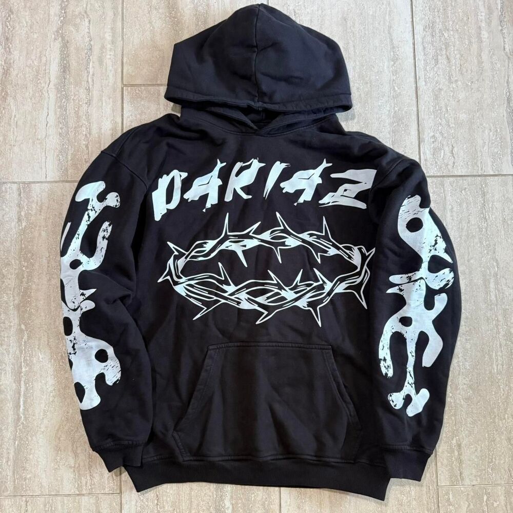 Dariaz Black Graphic Hoodie XL Oversized Streetwear Thorn Y2K Cyber Grunge Punk